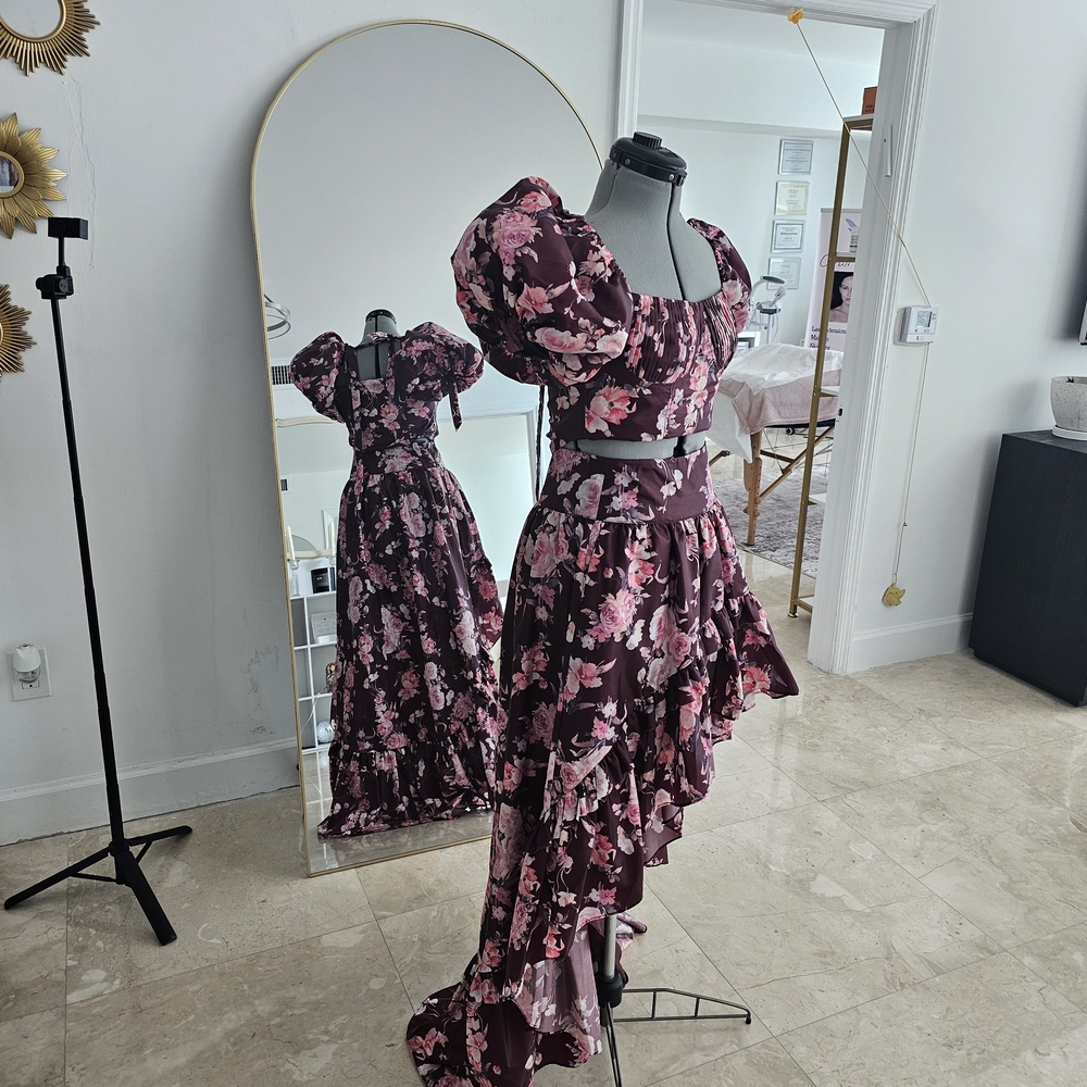 LoveShackFancy Asymmetrical Floral Dress in Pink and Black